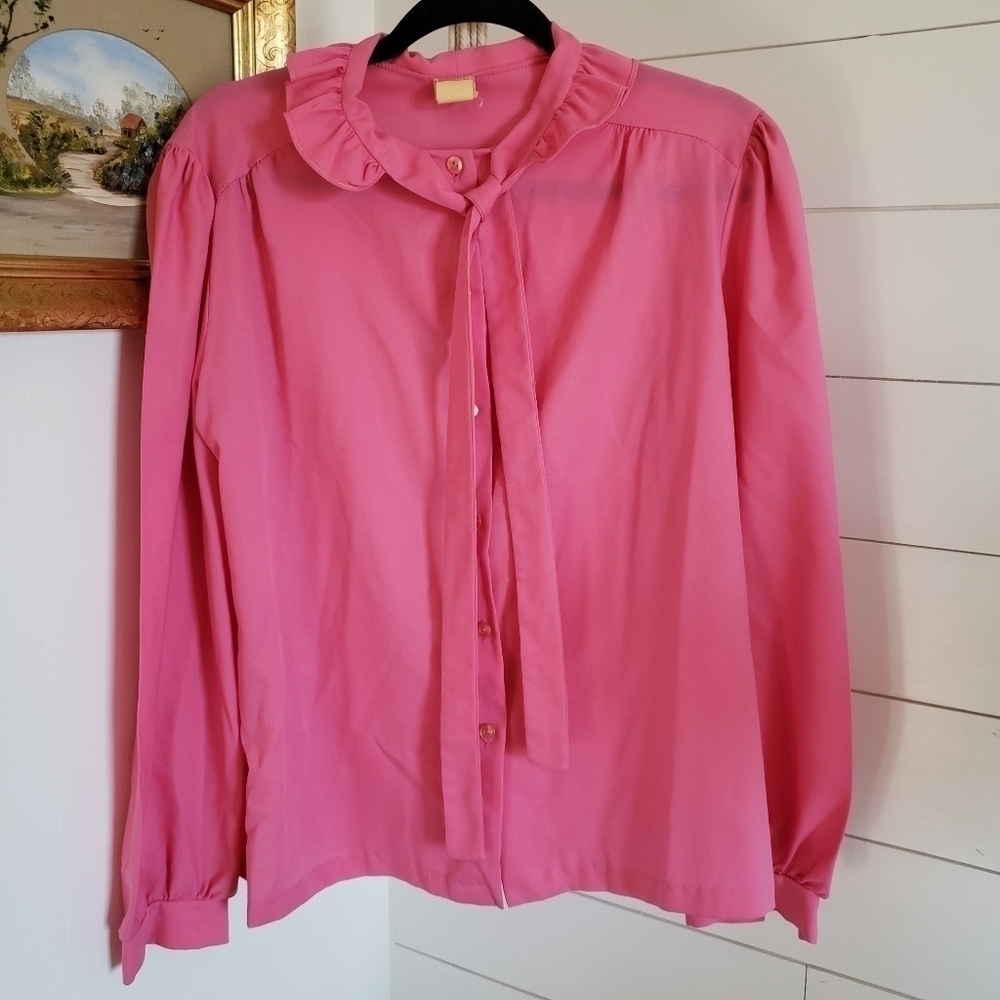 Vintage Pink tie and ruffle neck blouse size 14